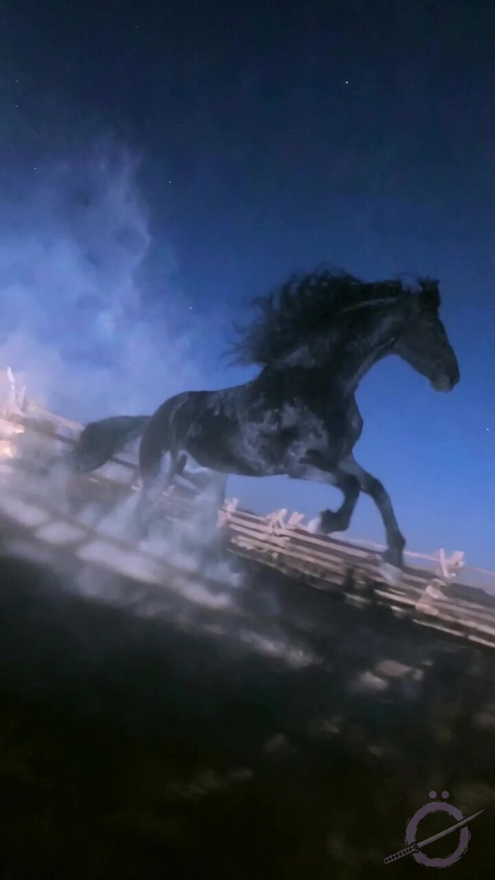 Caballo negro al galope en el corral