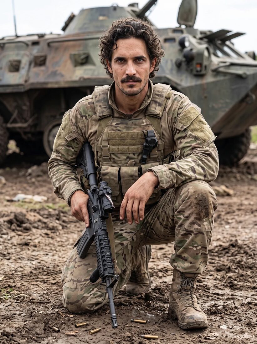 Enrique caracterizado de soldado junto a un tanque