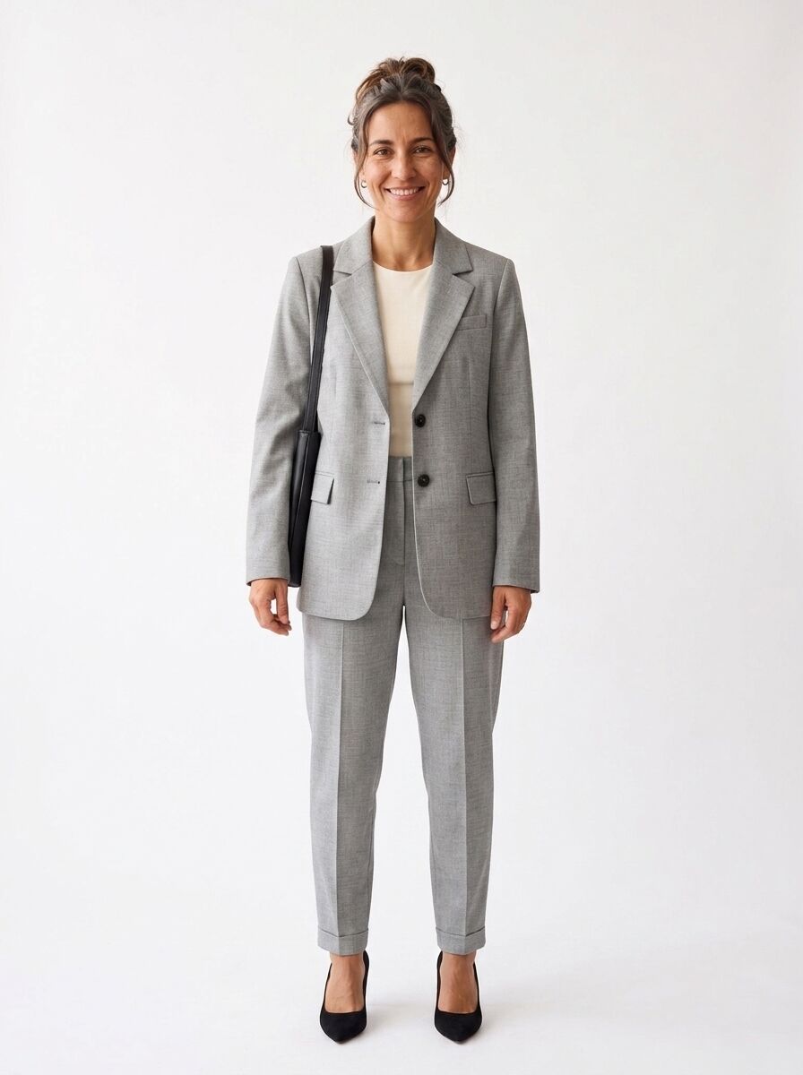 Helena con traje gris