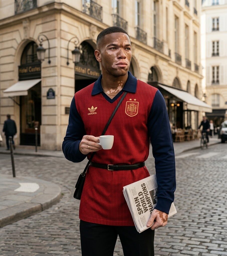 Him in the Spain heritage jersey outside a Paris hotel