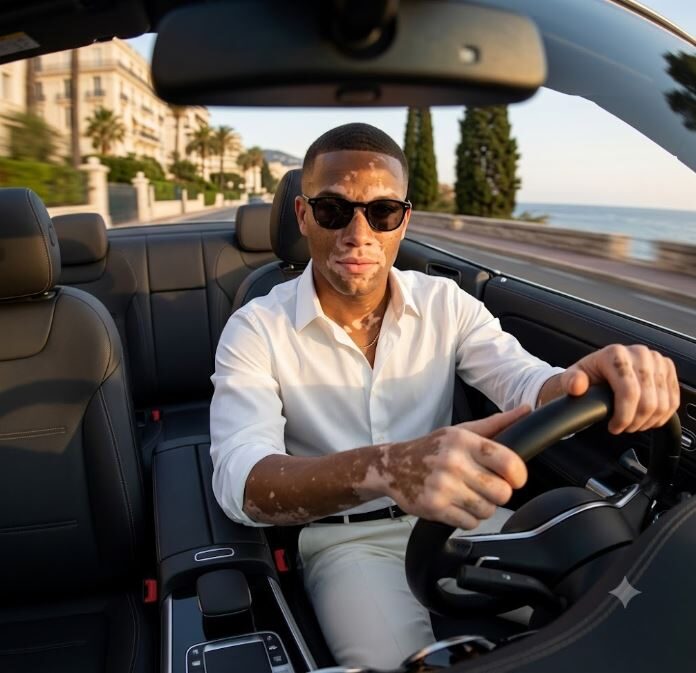 Him driving a convertible to the coast