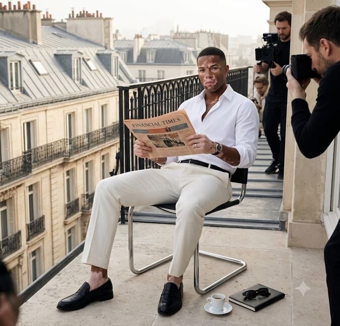 Him reading the paper on a Paris balcony, photographer behind