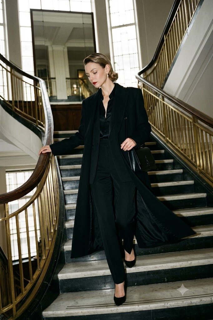 She walks down a grand staircase in a black coat