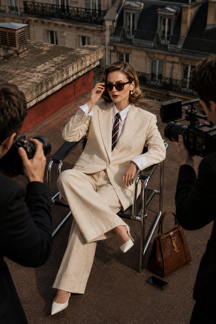She wears an ivory suit among cameras on a rooftop